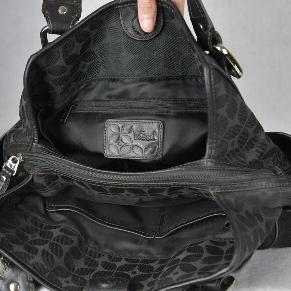 Vintage FOSSIL Blackburn Signature Black Canvas & Leather Shoulder Bag - Picture 5 of 6